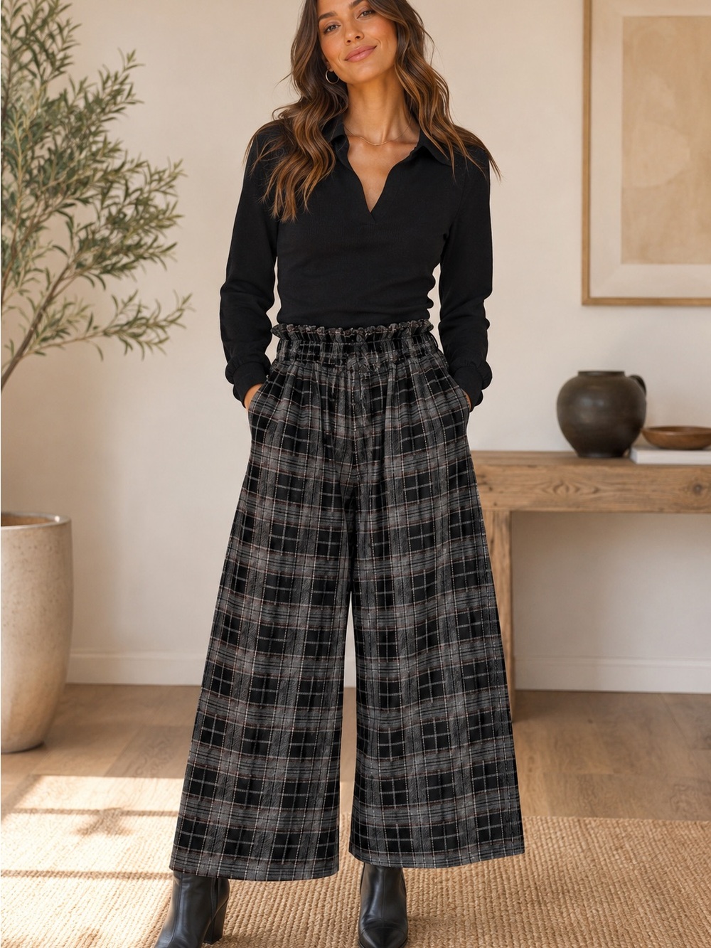 Made in Italy Wide Leg Plaid Trouser Pants - Black
